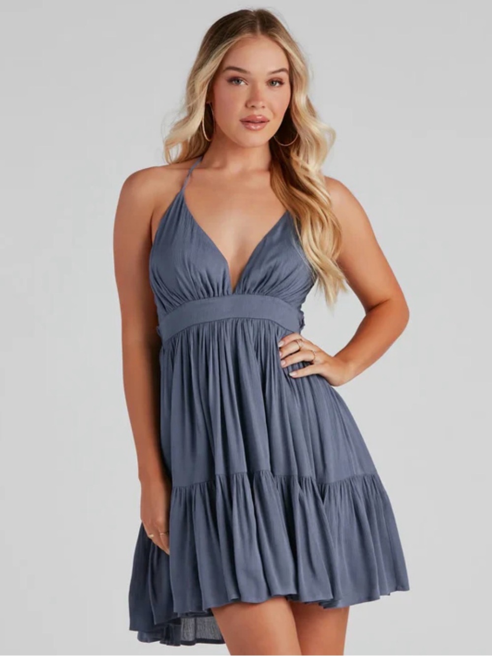 Windsor Slate Blue Halter Tiered Mini Dress
